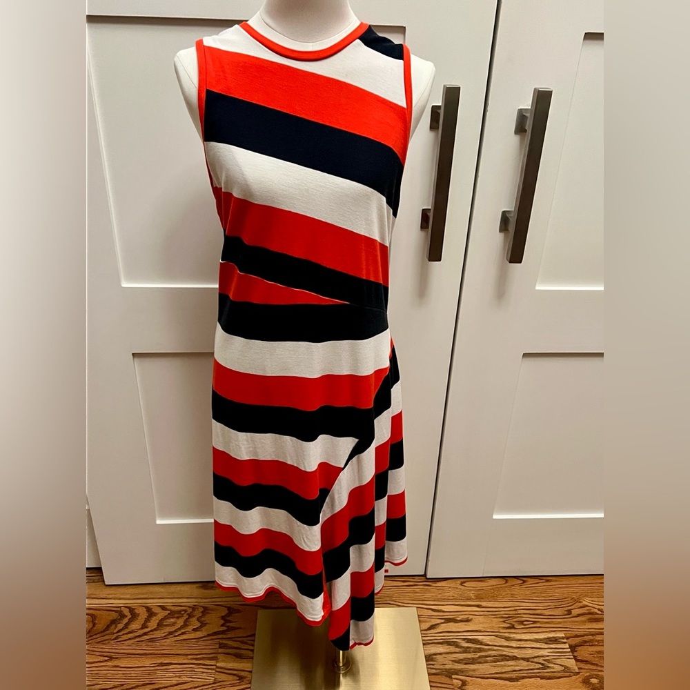 Banana Republic Asymmetrical Orange, Navy, and Cream Dress- Size Large Tall - Picture 11 of 14